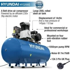 Hyundai HY3200S Air Compressor 14cfm 200-Litre Belt Drive 240v -Tools Shop HY3200S 04