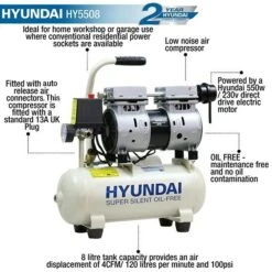 Hyundai HY5508 550w Silent Air Compressor 4cfm 8-Litre 240v 5 Hyundai HY5508 550w Silent Air Compressor 4cfm 8-Litre 240v -Tools Shop HY5508 02