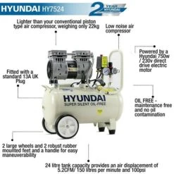 Hyundai HY7524 750w Silent Air Compressor 5.2cfm 24-Litre 240v 7 Hyundai HY7524 750w Silent Air Compressor 5.2cfm 24-Litre 240v -Tools Shop HY7524 03
