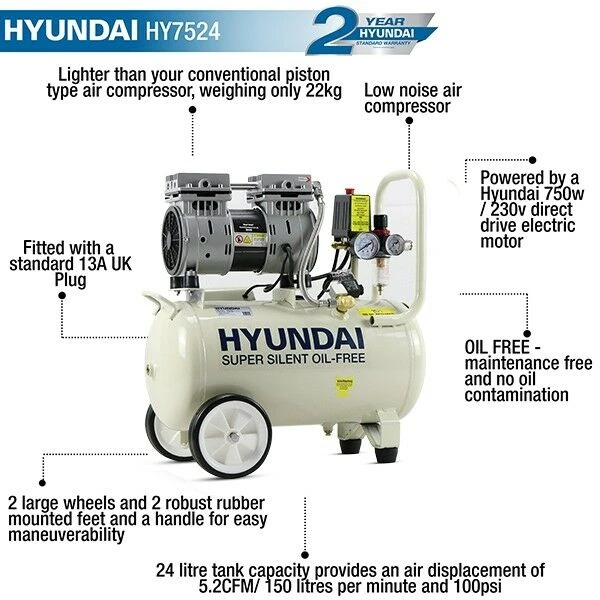 Hyundai HY7524 750w Silent Air Compressor 5.2cfm 24-Litre 240v 4 Hyundai HY7524 750w Silent Air Compressor 5.2cfm 24-Litre 240v - Image 4