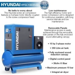Hyundai HYSC100350D Screw Air Compressor 38cfm 350-Litre 415v -Tools Shop hysc100350d features 15626