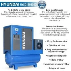 Hyundai HYSC150500D Screw Air Compressor 54cfm 500-Litre 415v 9 Hyundai HYSC150500D Screw Air Compressor 54cfm 500-Litre 415v -Tools Shop hysc150500d features 470x470 1
