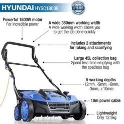 Hyundai HYSC1800E Electric 1500w Lawn Scarifier 38cm/15in 240v -Tools Shop hysc1800e features 92100