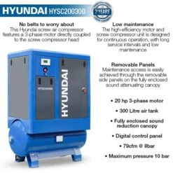 Hyundai HYSC200300 Screw Air Compressor 79cfm 300-Litre 415v 7 Hyundai HYSC200300 Screw Air Compressor 79cfm 300-Litre 415v -Tools Shop hysc200300 features 30713