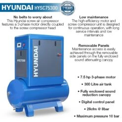 Hyundai HYSC75300 Screw Air Compressor 28cfm 300-Litre 415v 9 Hyundai HYSC75300 Screw Air Compressor 28cfm 300-Litre 415v -Tools Shop hysc75300 features 58445