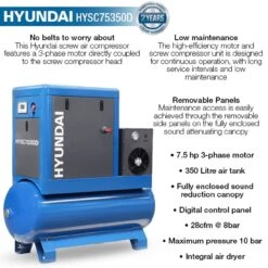 Hyundai HYSC75350D Screw Air Compressor 28cfm 350-Litre 415v 9 Hyundai HYSC75350D Screw Air Compressor 28cfm 350-Litre 415v -Tools Shop hysc75350d features 56054