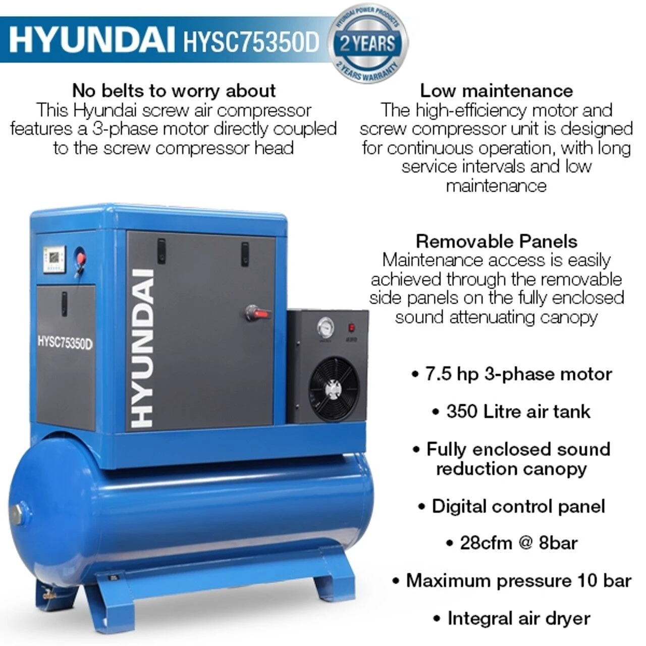 Hyundai HYSC75350D Screw Air Compressor 28cfm 350-Litre 415v 5 Hyundai HYSC75350D Screw Air Compressor 28cfm 350-Litre 415v - Image 5