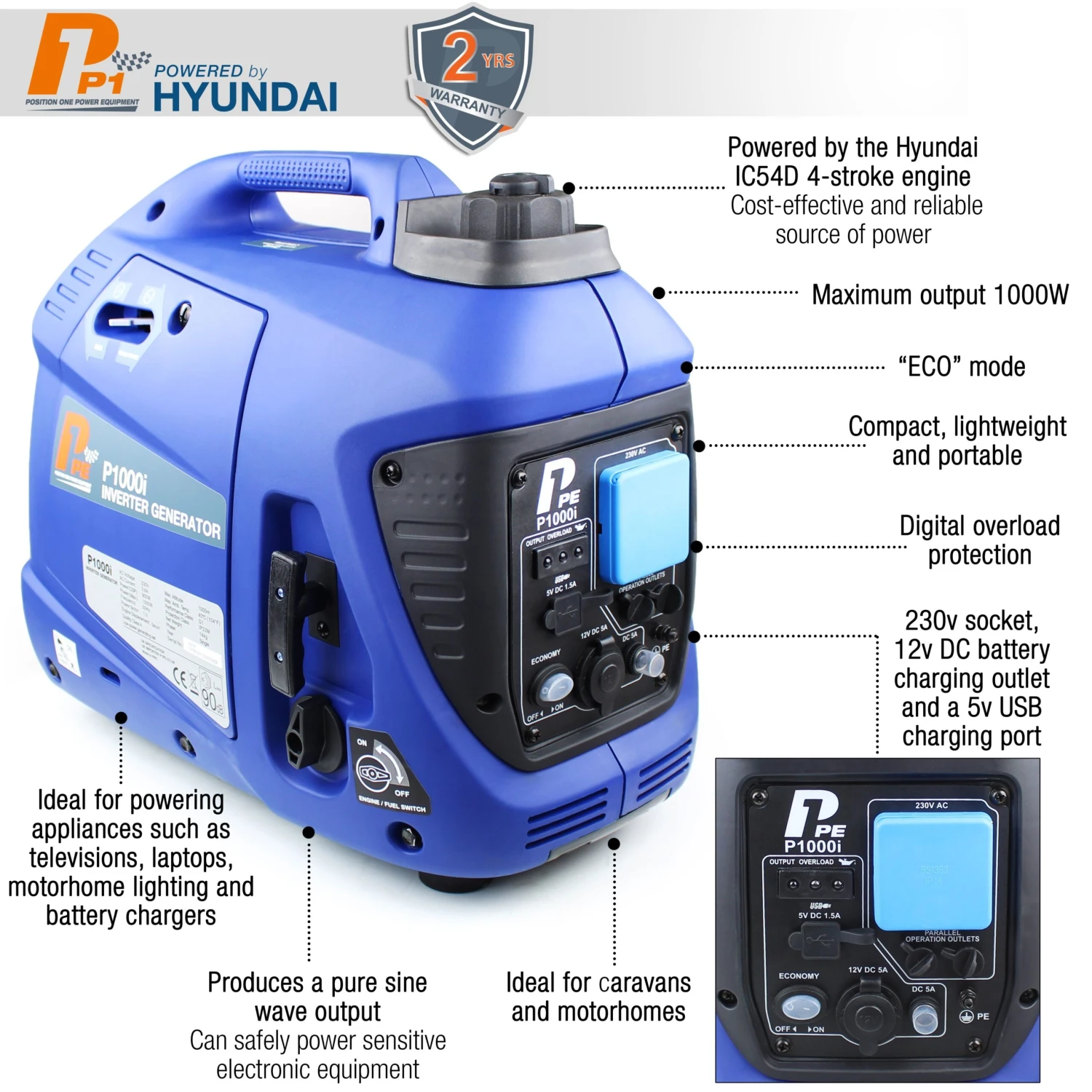 P1PE P1000i Portable Petrol Inverter Generator 1kW/1.25kVA 2 P1PE P1000i Portable Petrol Inverter Generator 1kW/1.25kVA - Image 2